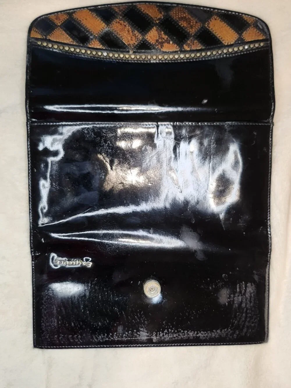 Vintage Esquire Black Patent Leather Clutch Wallet Snakeskin Trim